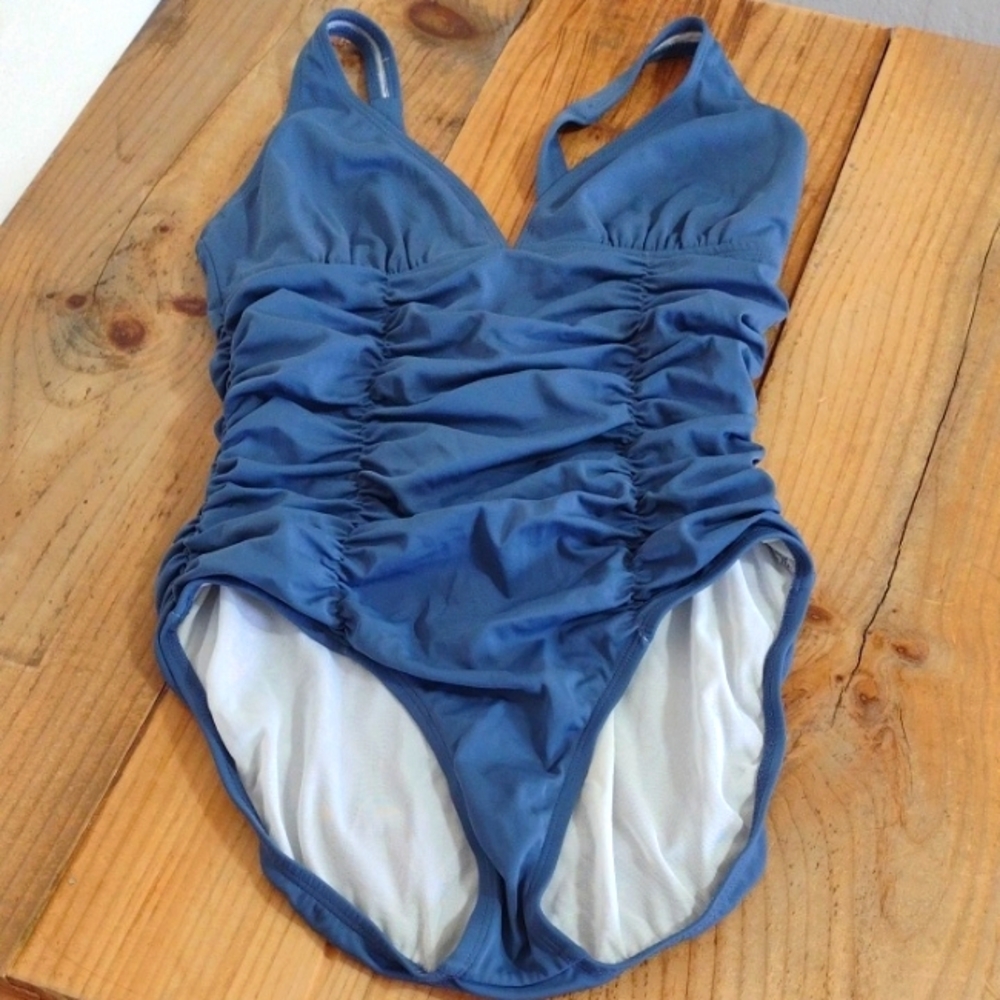 Aerin Rose Blue Ruched & Shirred One Piece Swimsuit Size 8